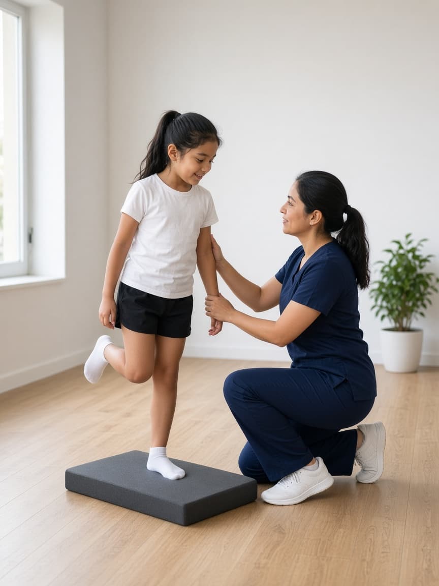 Niña de 8 años practicando equilibrio junto a una fisioterapeuta