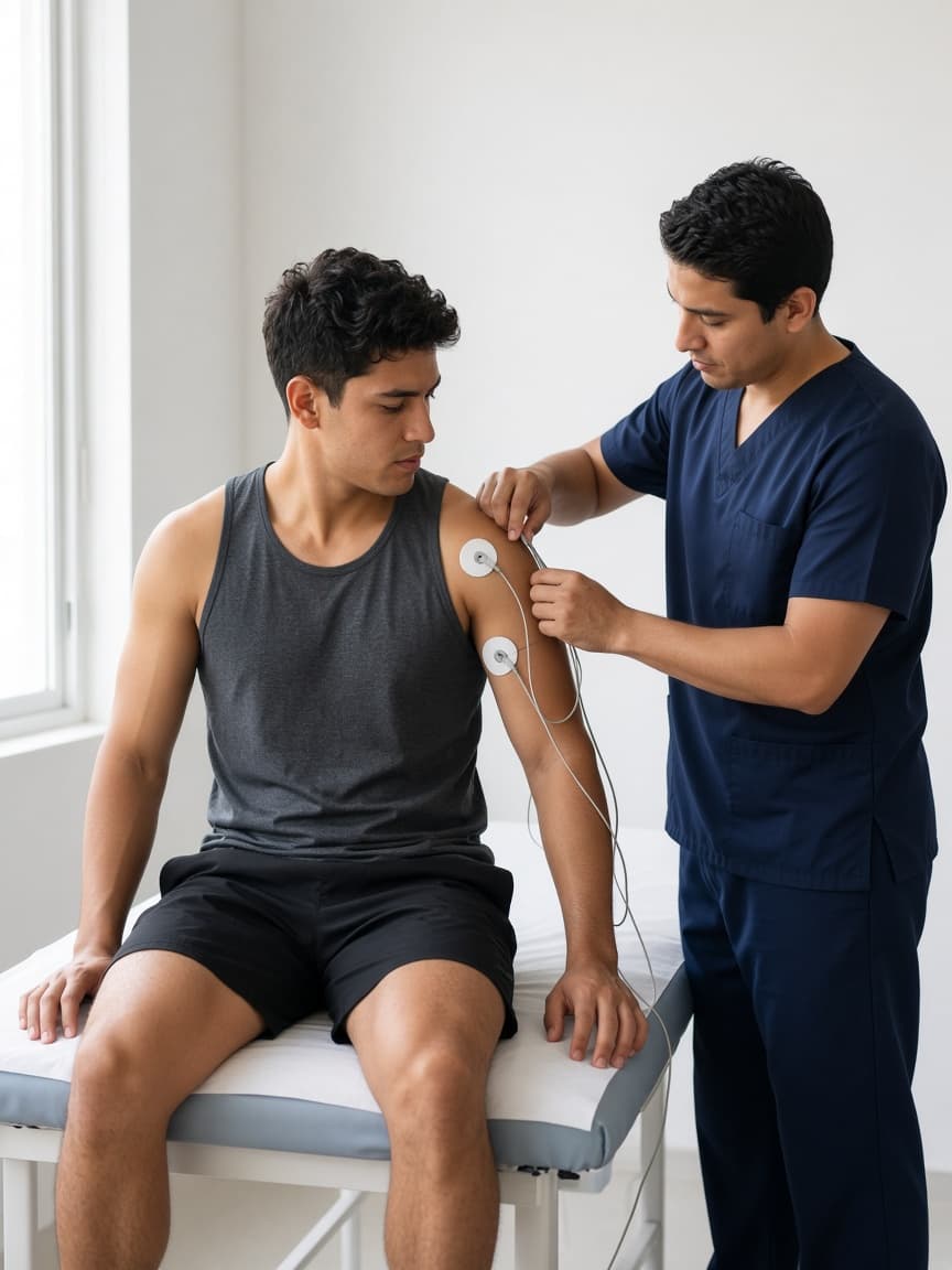 Deportista joven con electrodos en el hombro durante una sesión de electroterapia