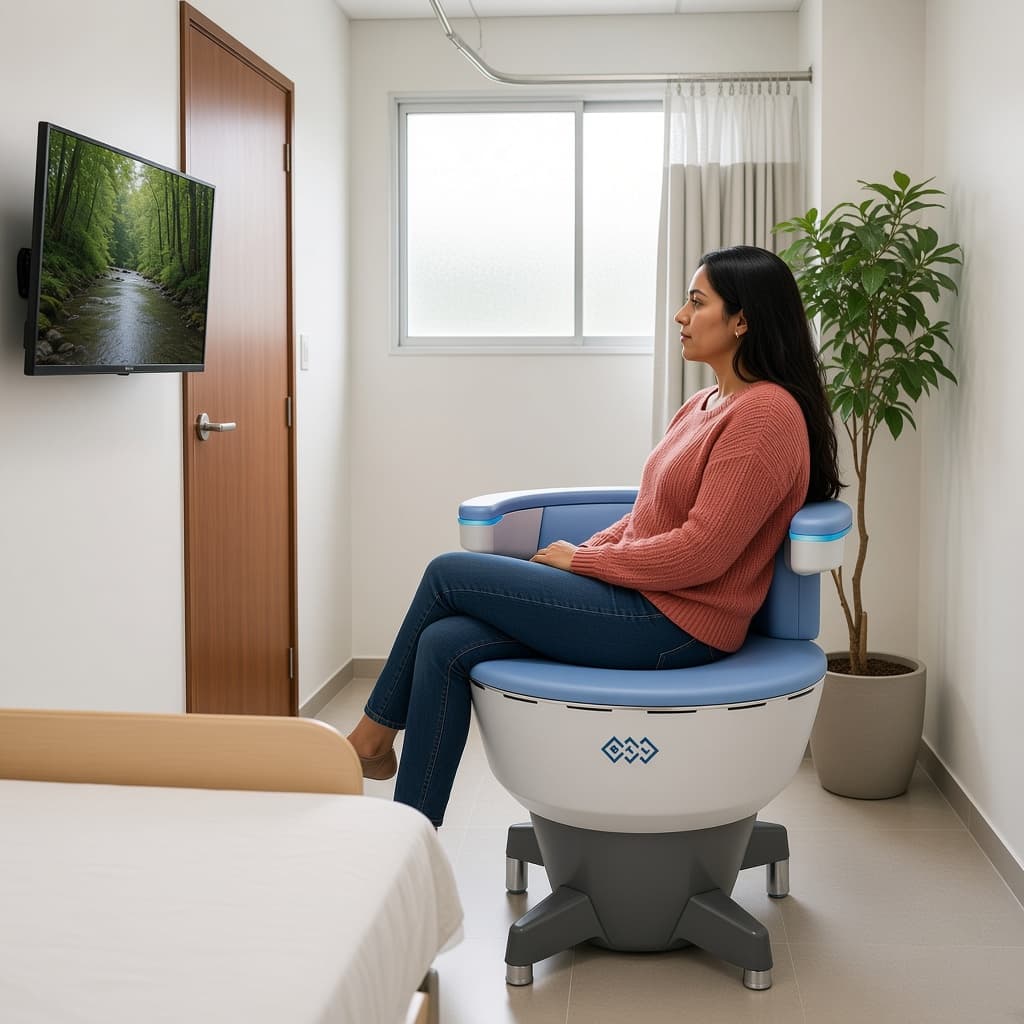 Paciente vestida en la silla de suelo pélvico, viendo una pantalla en un consultorio privado